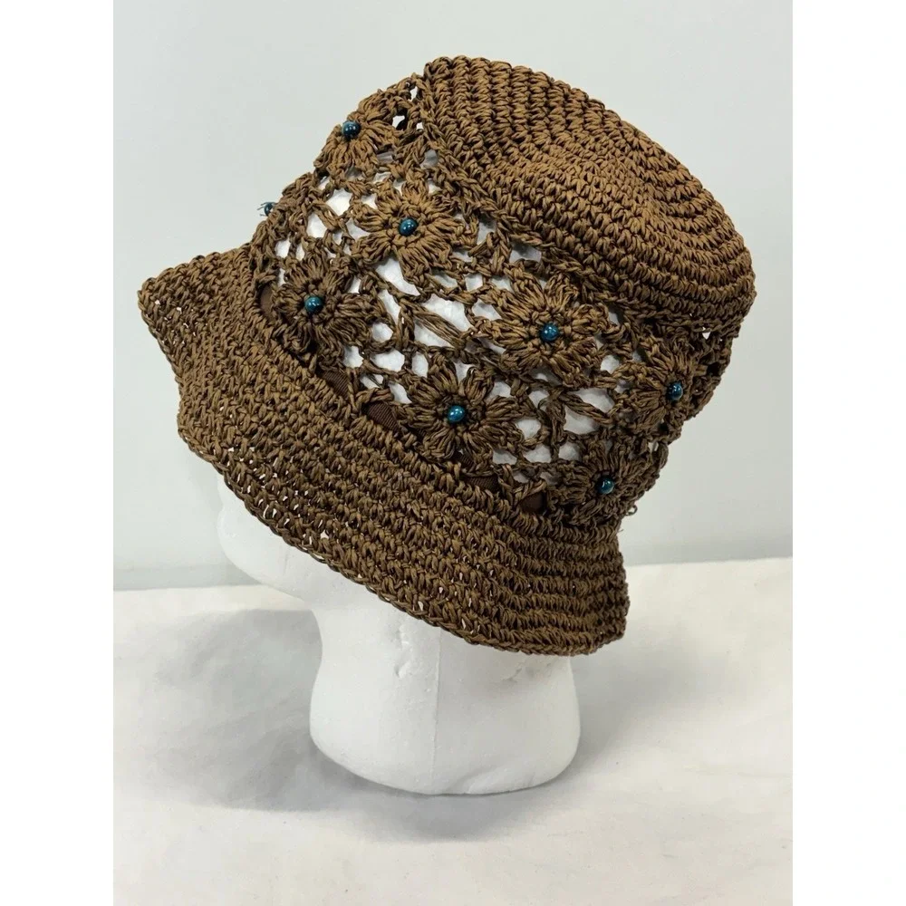 Unbranded Crochet Raffia Bucket Hat Women's Blue Bead Y2K Hippie Indie Grunge